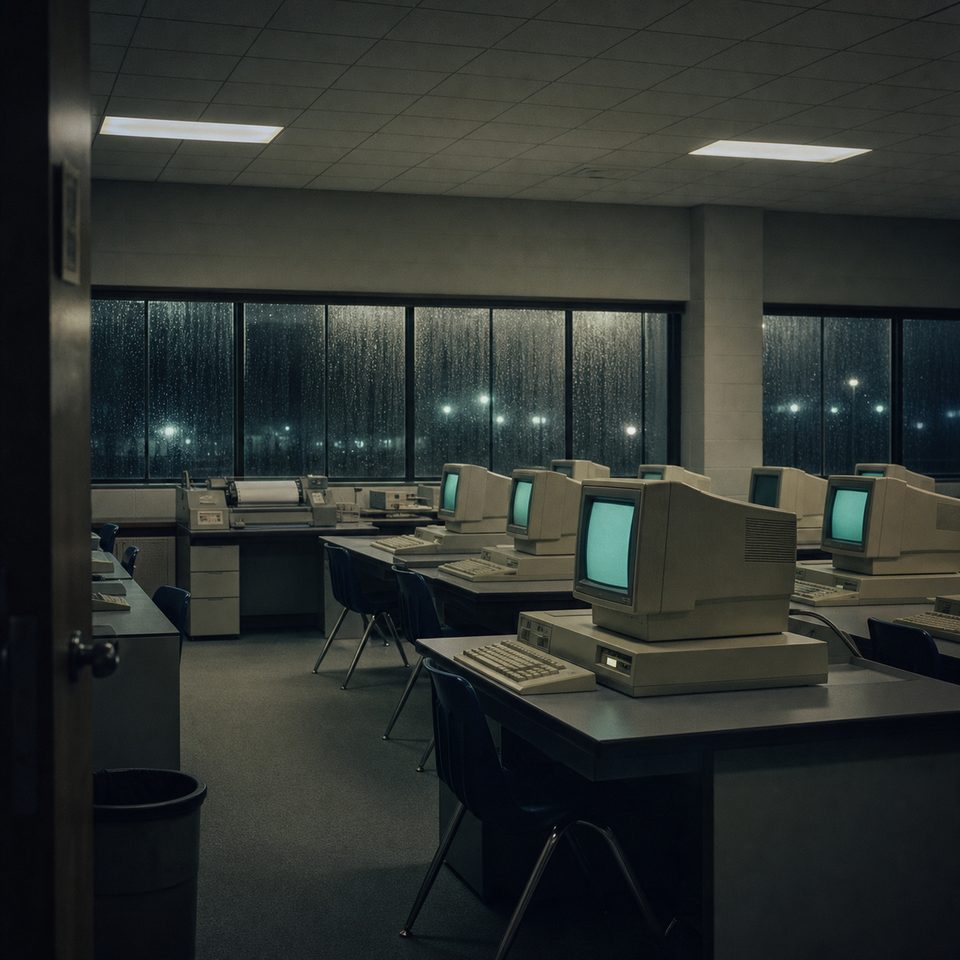 A darkened school computer laboratory at night. Rows of beige terminals glow pale green under a dropped ceiling, and rain runs down the window wall.