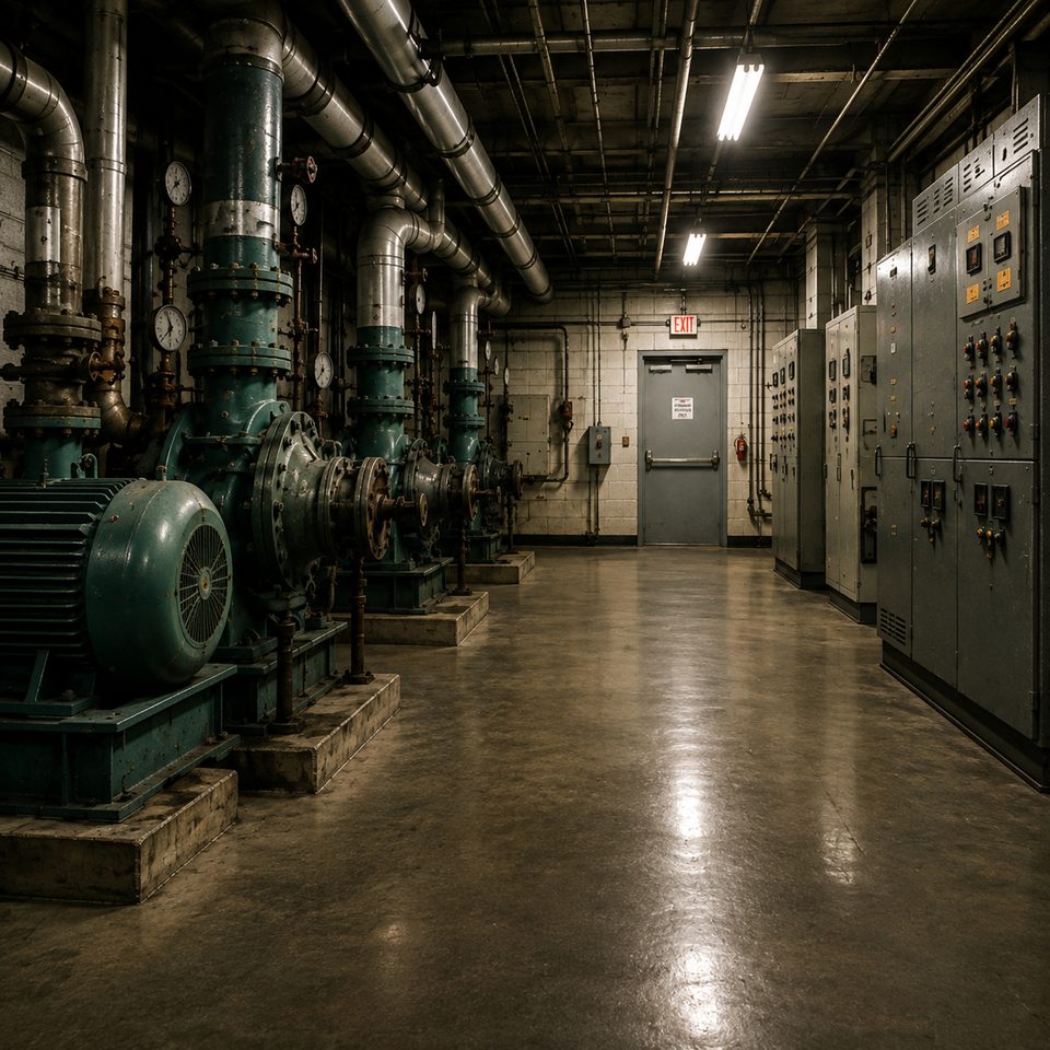 A basement plant room lit by fluorescent tubes. Green-painted pumps and pipework run along one wall, grey control cabinets down the other.