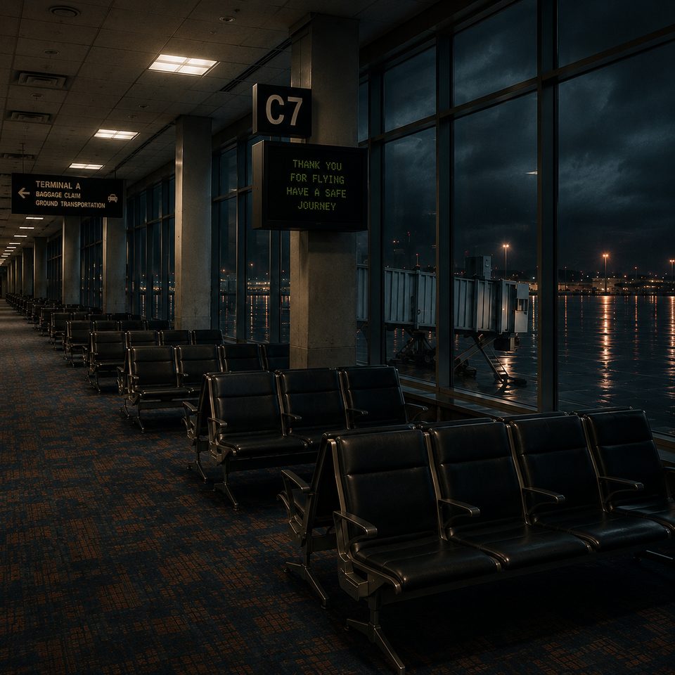 An empty airport departure pier at night. Rows of black seating face a glazed wall, a lit gate sign reads C7, and the wet apron reflects lights outside.