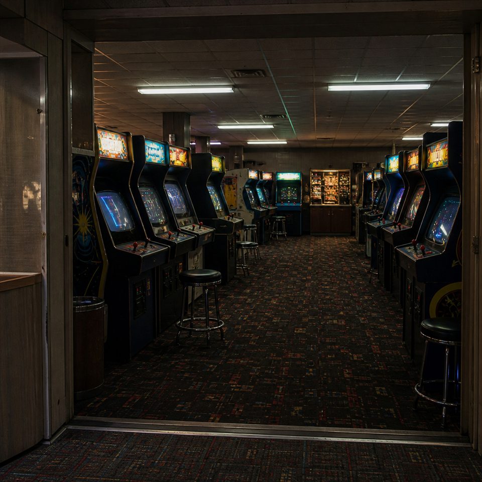 An empty arcade seen through a doorway before opening. Two rows of lit cabinets face each other down a patterned carpet, with stools pushed in and fluorescent tubes on overhead.